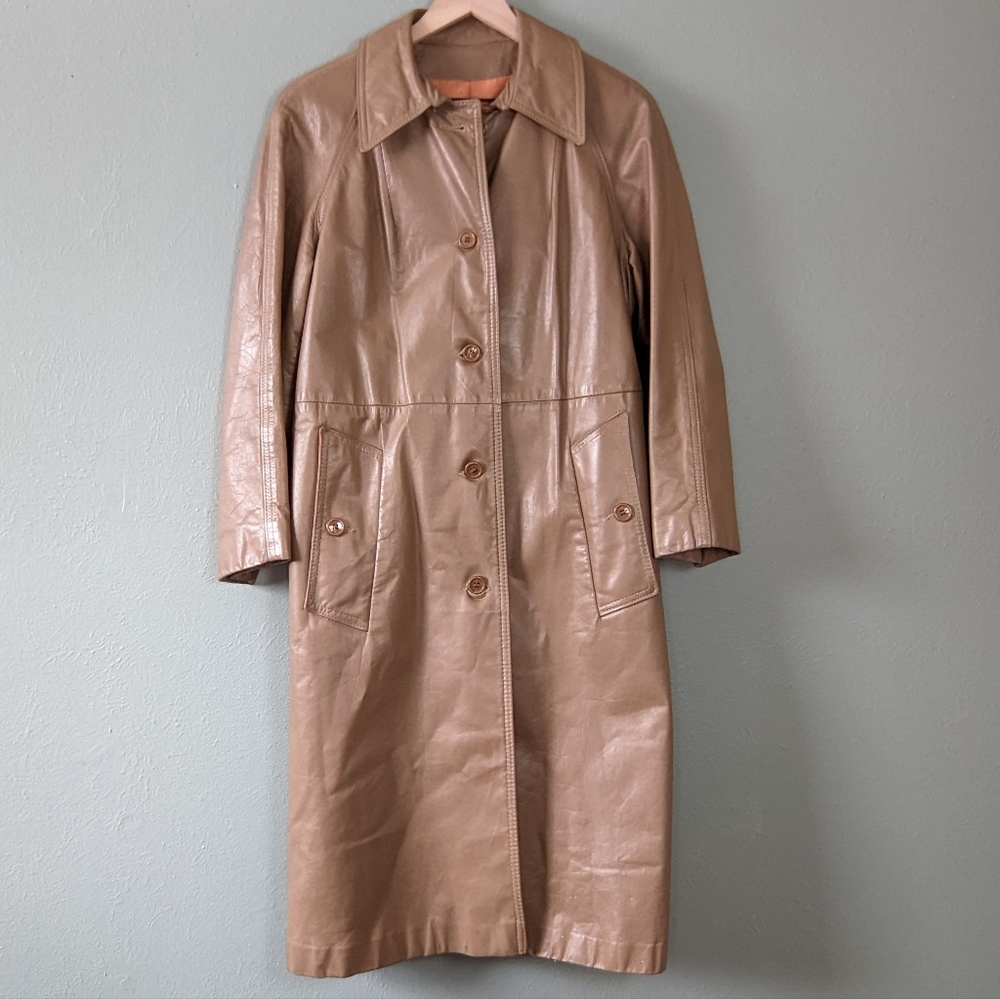 Vintage Tan Leather Trench Coat Size 8